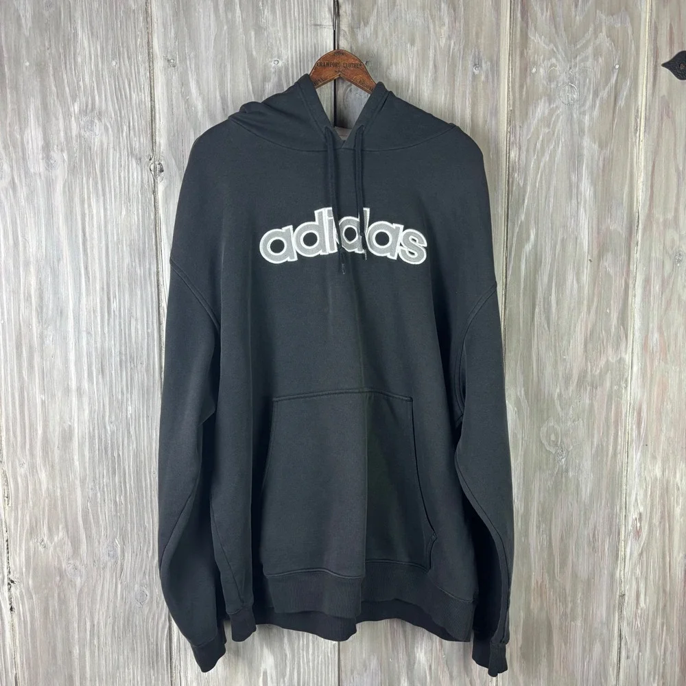 VTG Adidas Black Hoodie Sweatshirt Pullover Embroidered Logo Size 2XL‎ 90s Faded